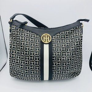 Tommy Hilfiger Womens Bag Medium Black & Tan Canvas Tote Handbag Purse Accessory